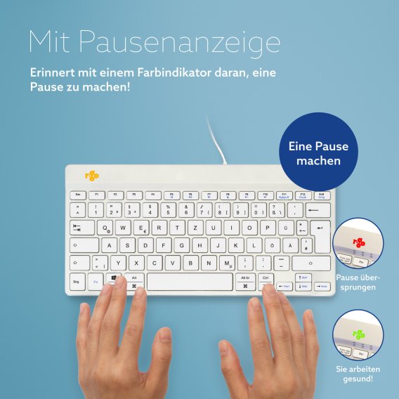 Infoblatt zur Pausenanzeige der kompakten ergonomischen Tastatur Produktbild der ergonomischen Tastatur RGOCODEWDWH in wei&szlig;
